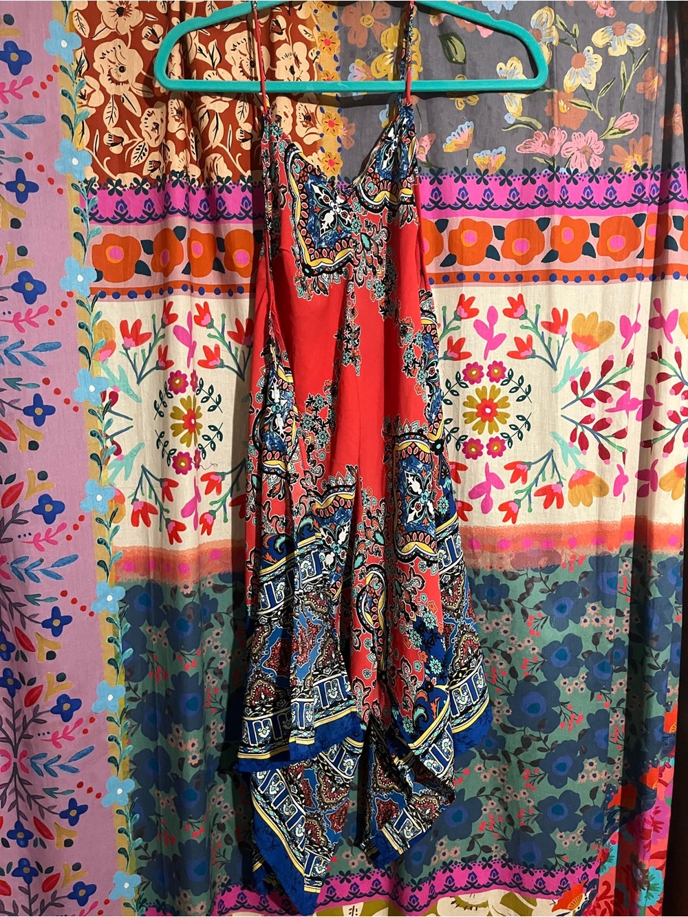 Stilettos Boho Red Paisley Polyester Asymmetrical Handkerchief-Hem Dress Size S